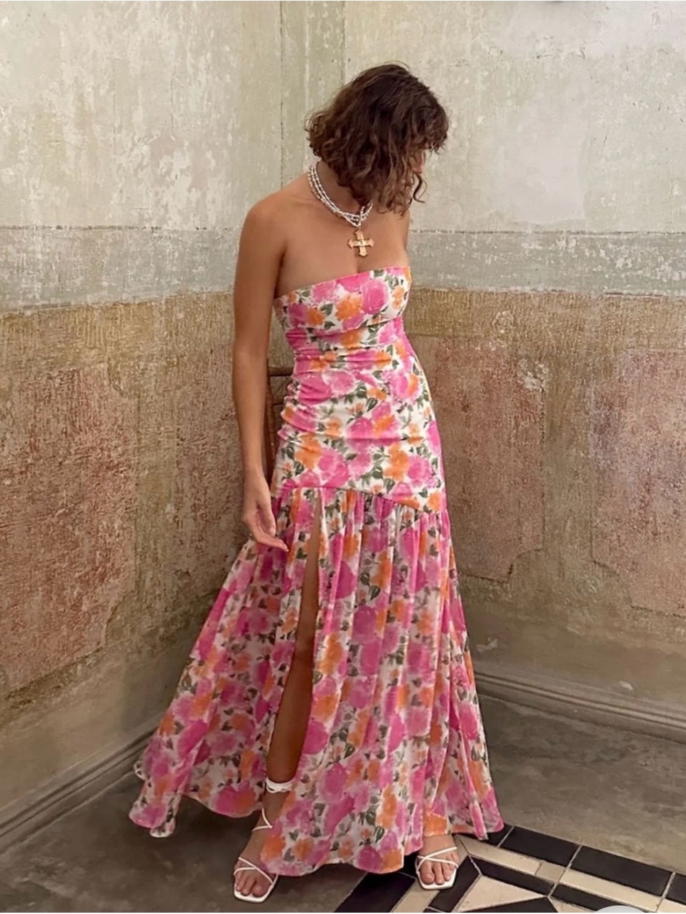 12th Tribe Strapless Pink & Orange Floral Maxi Dress with Slit
